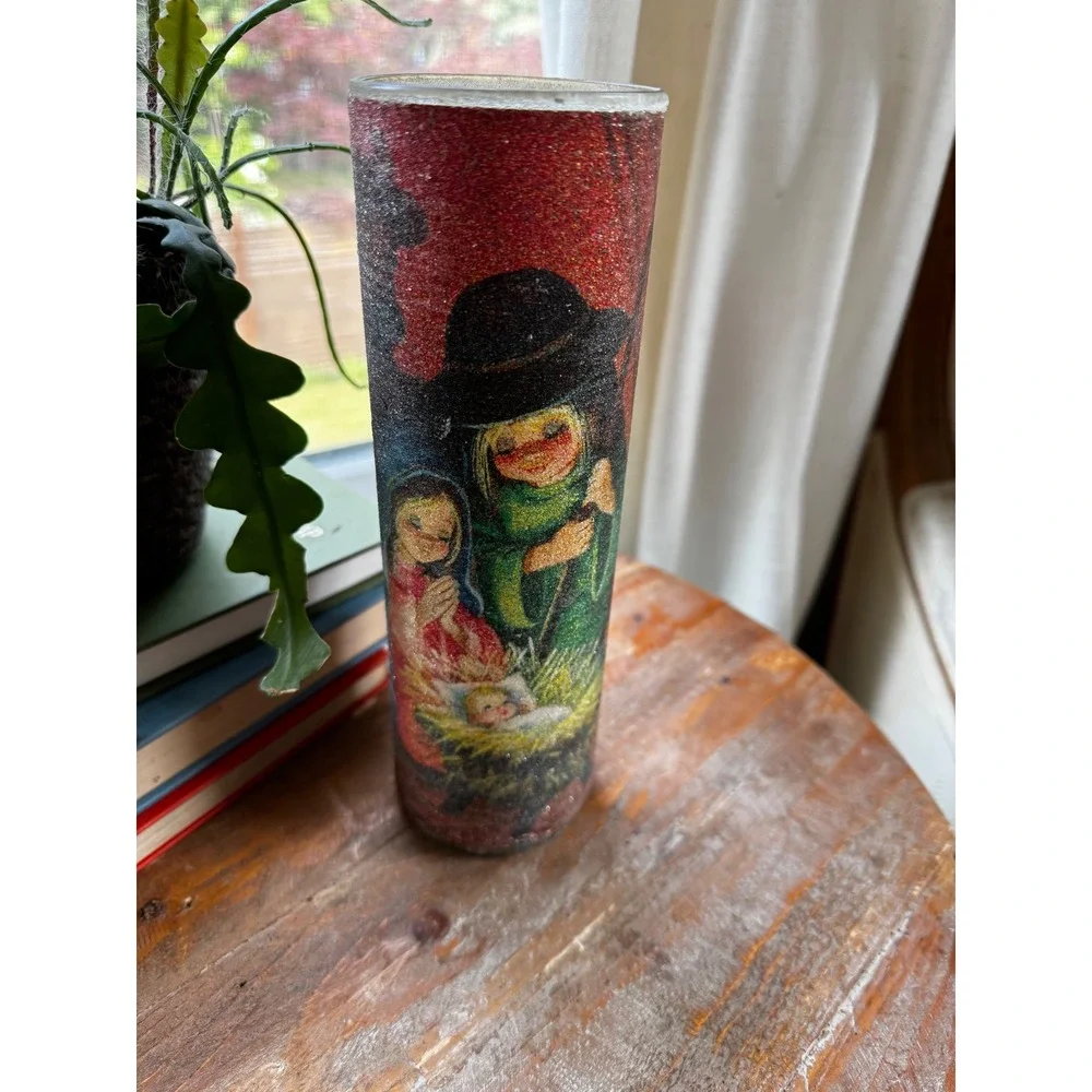 Vintage Legend of the First Creche Nativity Glass Cylinder Sugar Candle Holder